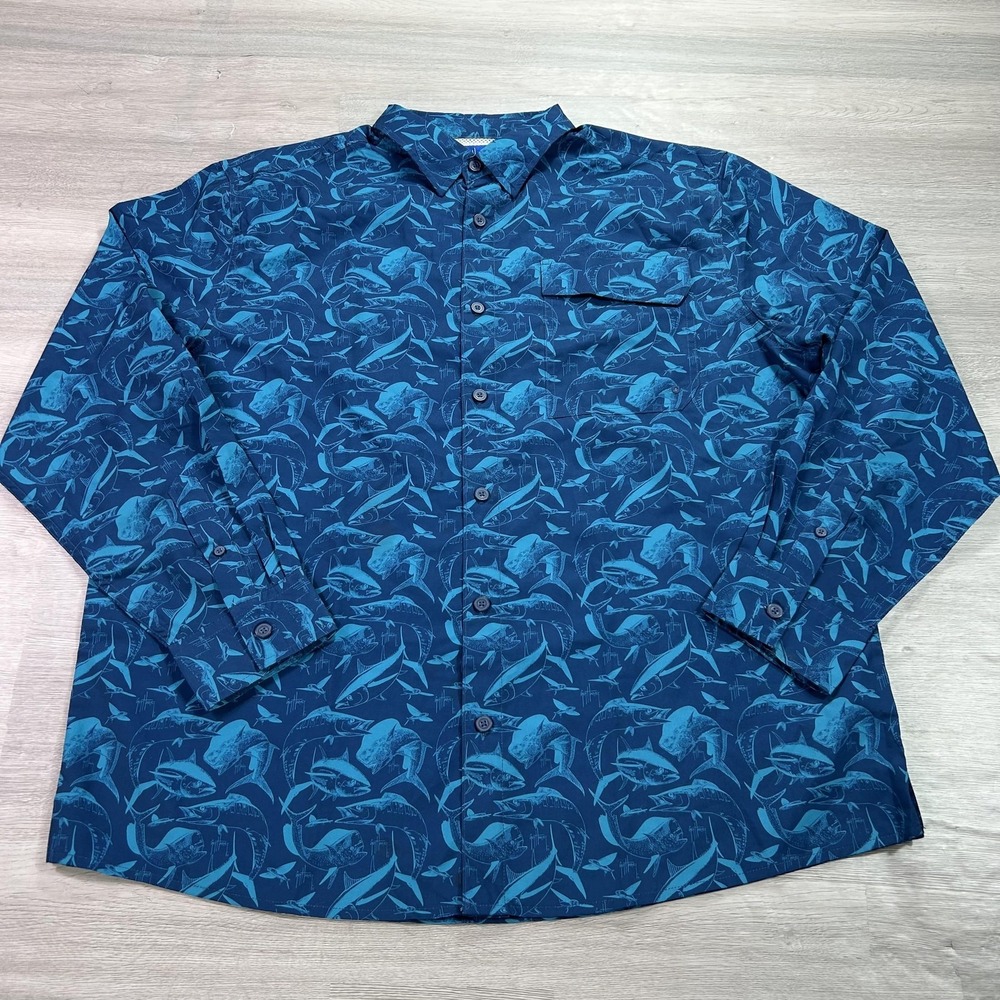 Guy Harvey Shirt Mens Large Blue Fish Print Long Sleeve Button Up Lined Fishing‎